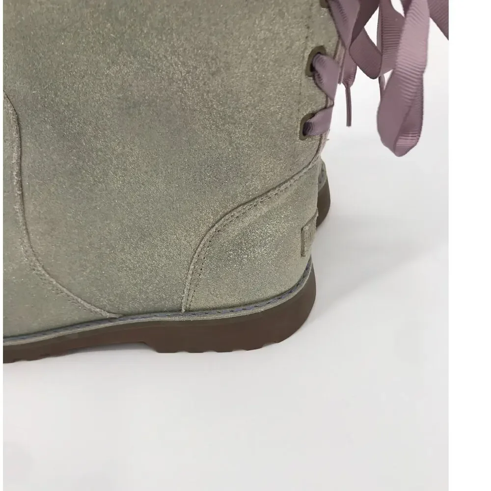 UGG Girls Corene Silver Metallic Suede Pink Lace Up Boots Size 6